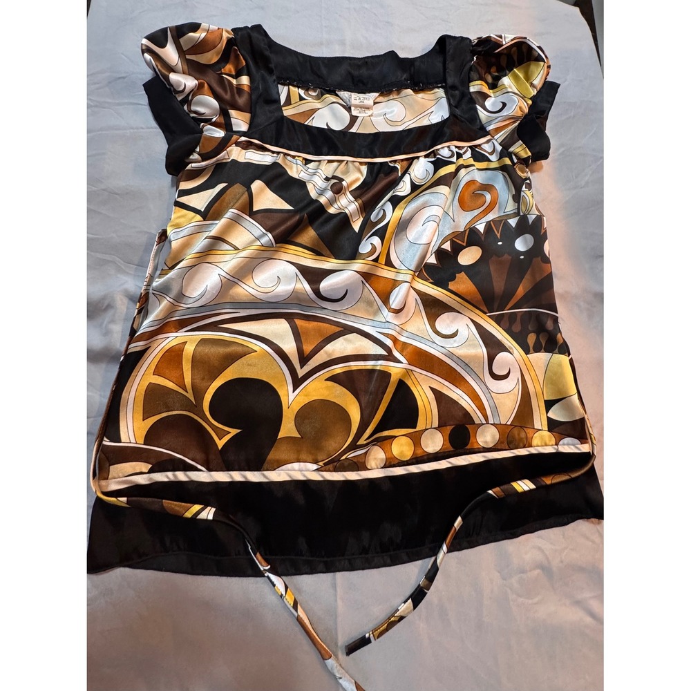 Sweetheart Geometric Scroll Print Satin Blouse Black Gold Square Neck Large